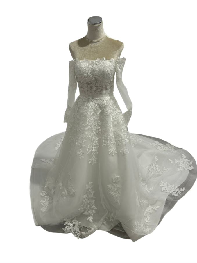 高品質！ ウエディングドレス オフショル 長袖 贅沢な総レース ファスナー 憧れのドレス フランス風 花嫁