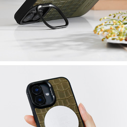 iPhoneケース 栃木レザー クロコ型押し バイカラー MagSafe対応 スマホケース スマホスタンド x2tmr 14枚目の画像