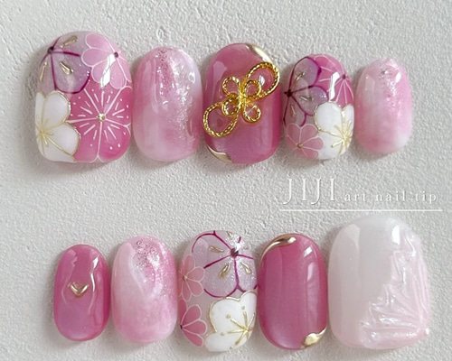 一点物デザイン 成人式 ネイルチップ 紫 桜 ミラーネイル ゴールド