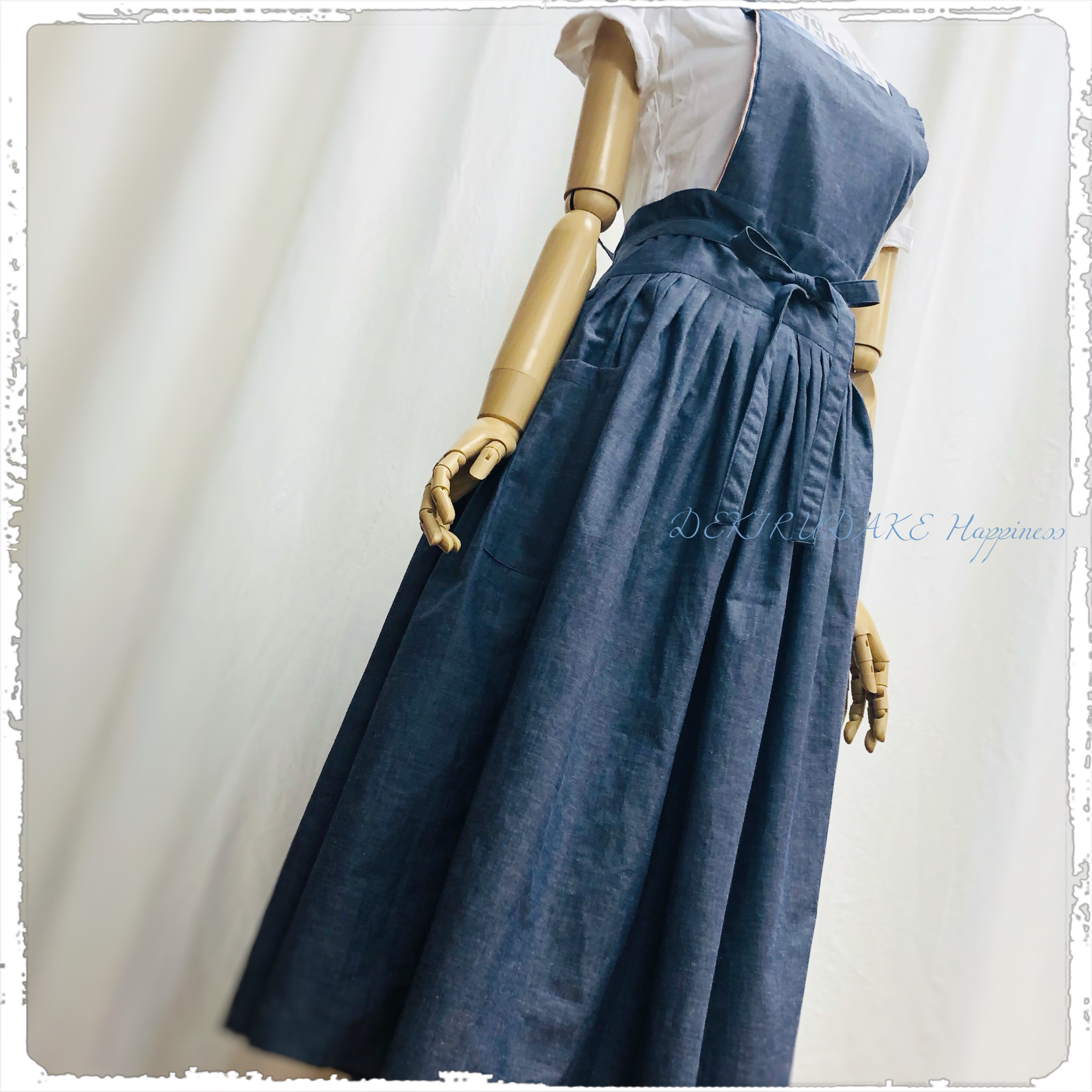 播州織り リネン混ワンマイルエプロンドレス (ポケット付き)