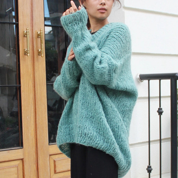 つつむ　手編みモヘアラウンドネックセーター●ミント