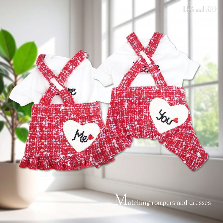 ワンピース ロンパース つなぎ 秋冬 レッド お揃い ペアルック ドックウェア 犬 猫 服 犬服 P562 P563