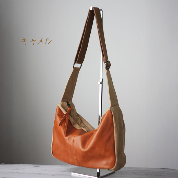 本革×帆布 クラシックメッセンジャーバッグ フロントレザー キャンバス ショルダーベルト太め 斜め掛け B-381 5枚目の画像