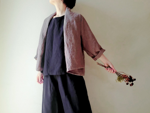 【新作数量限定】千鳥格子　ゆるっと♡着回せるタキシードカラーのさまになるリネンジャケット　セットアップも♡　 1枚目の画像