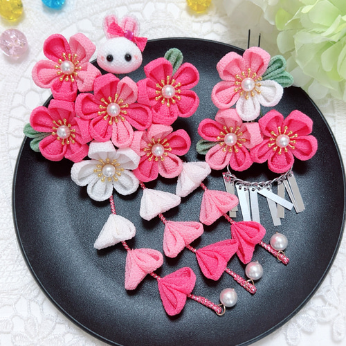 七五三 髪飾り 濃ピンク うさぎ 銀ビラ 七五三髪飾り 3歳 7歳 753