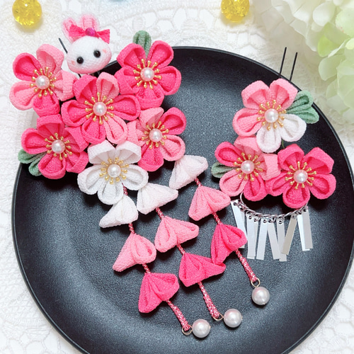 七五三 髪飾り 濃ピンク うさぎ 銀ビラ 七五三髪飾り 3歳 7歳 753