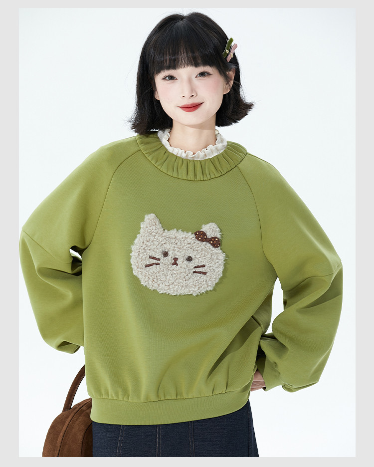 秋冬黄緑色モコモコ刺繍ニット衛衣