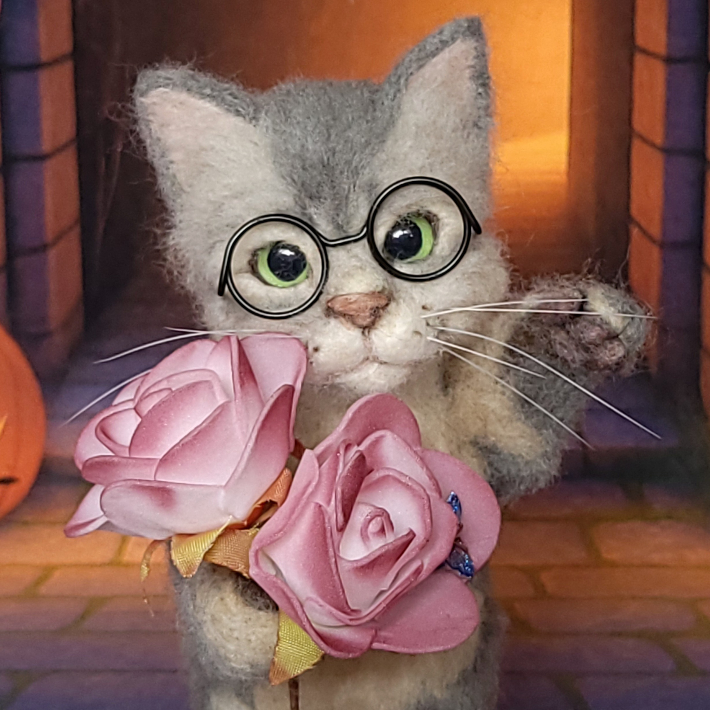 【Neko's Tales #08】 羊毛フェルト 猫  アビシニアンブルー（葉っぱの上の大きなやさしさ）