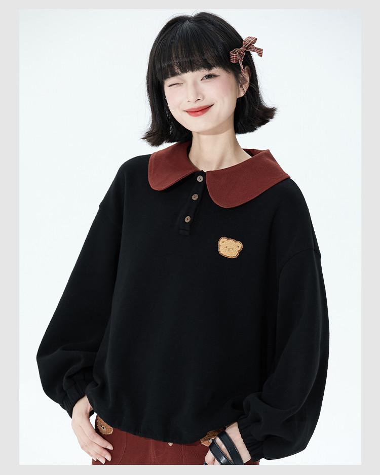 秋冬黒いベアーテープ長袖襟めくり衛衣