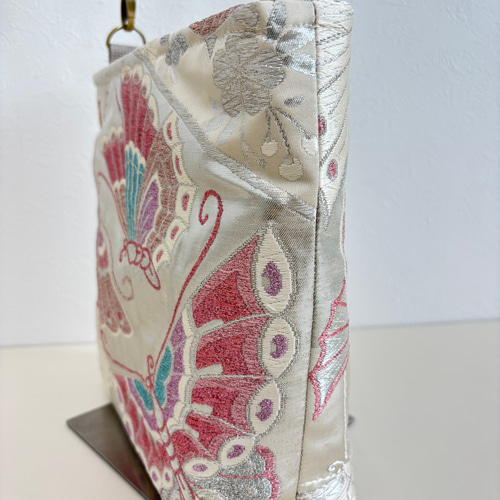 袋帯 帯リメイクバッグ ショルダーバッグ 蝶々プラチナ