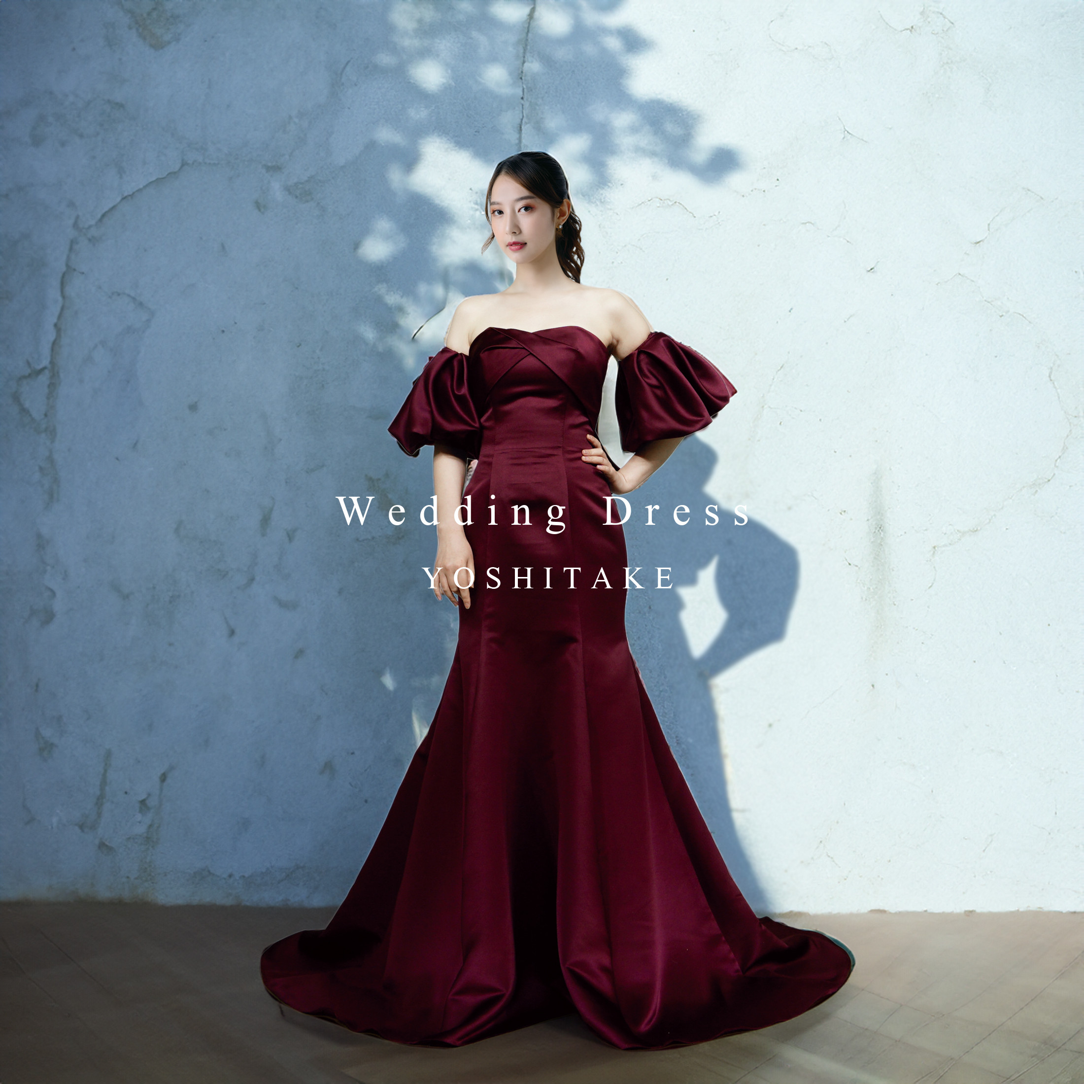 【オーダー制作】ウエディングドレス.レッド.サテン.カラードレス.袖付.リボン.Y2147