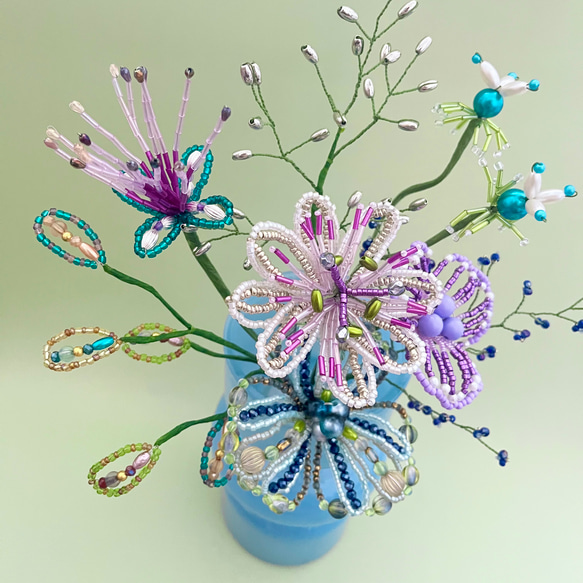 ビーズフラワー　ブーケ（ターコイズ／パープル／ネイビー） 4枚目の画像