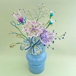 ビーズフラワー　ブーケ（ターコイズ／パープル／ネイビー） 1枚目の画像