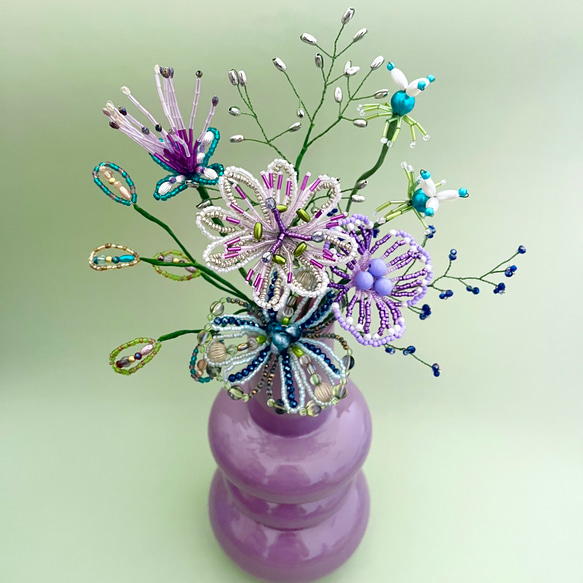 ビーズフラワー　ブーケ（ターコイズ／パープル／ネイビー） 5枚目の画像