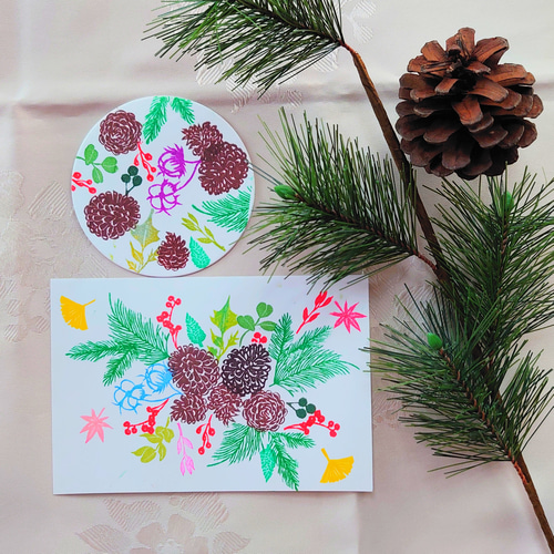 消しゴムはんこ「松ぼっくり・コットンフラワー・もみじ・イチョウ