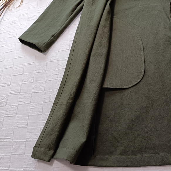 羽織 ロング コーディガン　衿２Way！　オリーブ　コットン100% 3枚目の画像