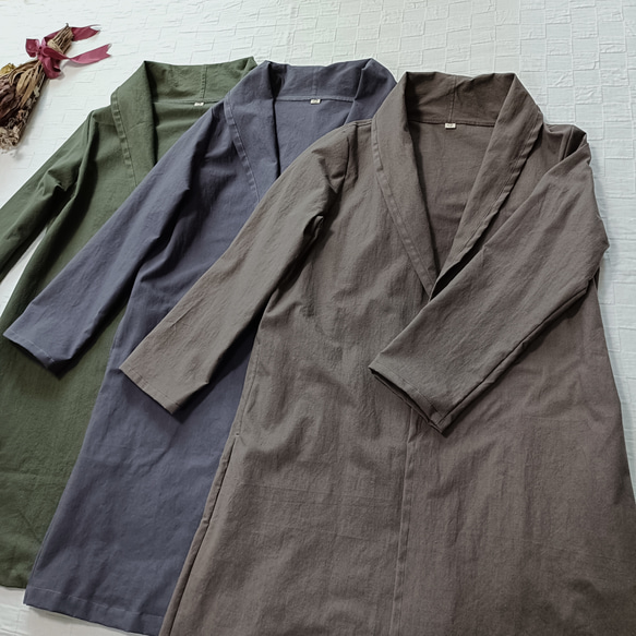 羽織 ロング コーディガン　衿２Way！　オリーブ　コットン100% 12枚目の画像