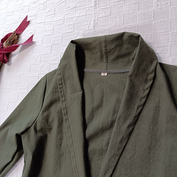 羽織 ロング コーディガン　衿２Way！　オリーブ　コットン100% 2枚目の画像
