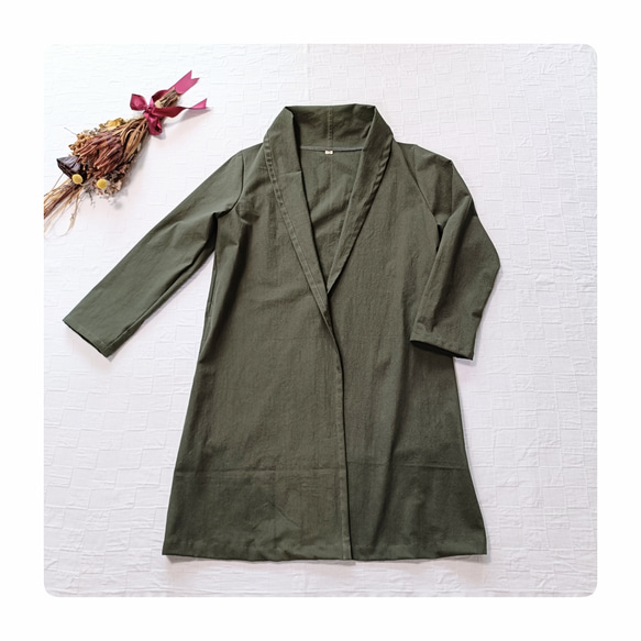 羽織 ロング コーディガン　衿２Way！　オリーブ　コットン100% 1枚目の画像