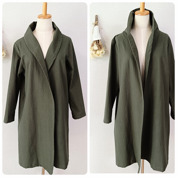 羽織 ロング コーディガン　衿２Way！　オリーブ　コットン100% 7枚目の画像