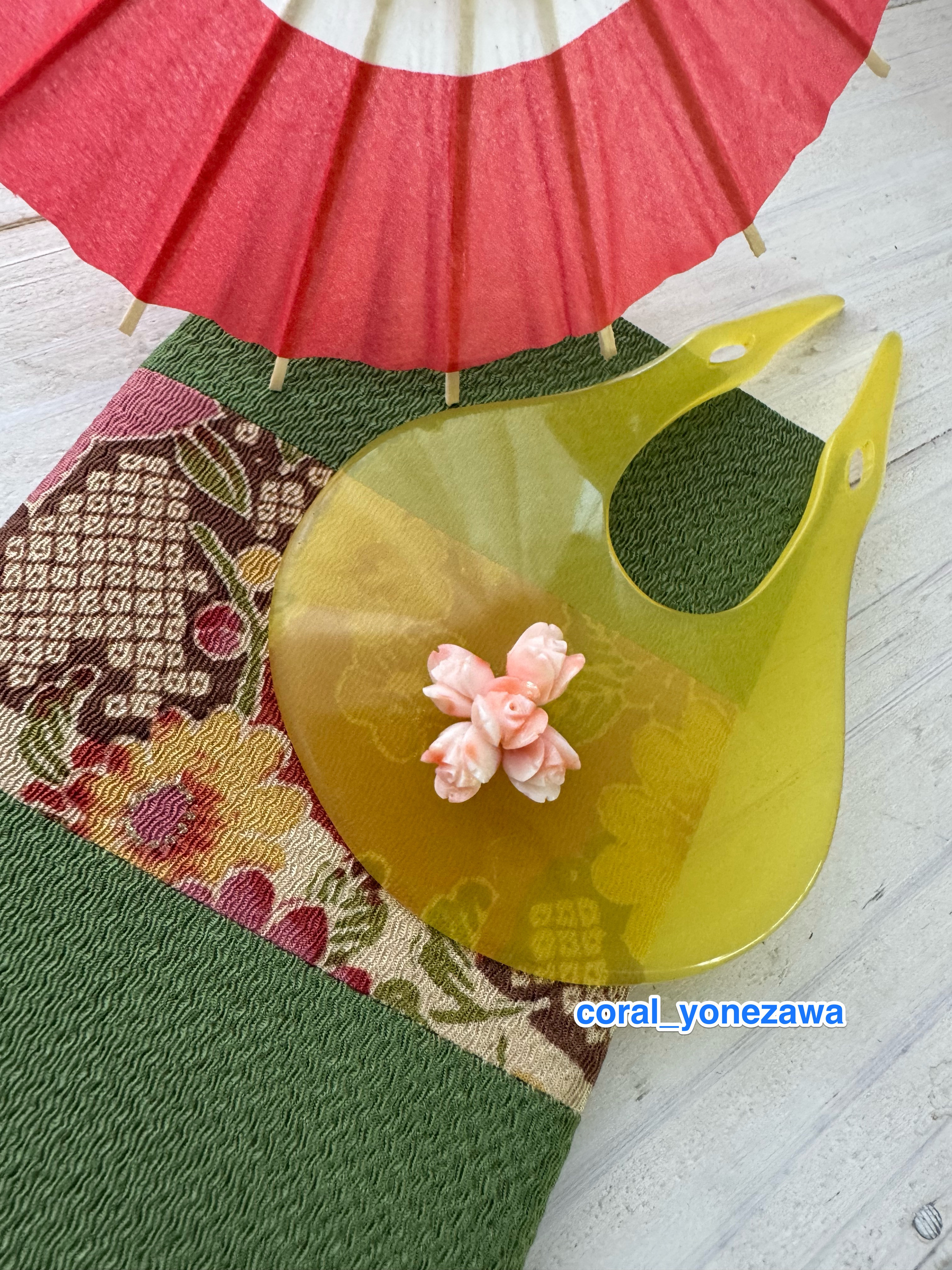 【送料無料】アウトレット処分品　宝石珊瑚　花彫刻5個付かんざし　飴色