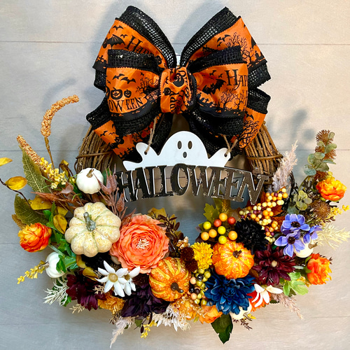 ハロウィンリース☆フラワーリース☆造花☆メルカリ便☆25～34cm☆ No.wreath-15572/ハロウィンリース25-(14)ハロウィンプレート45x48