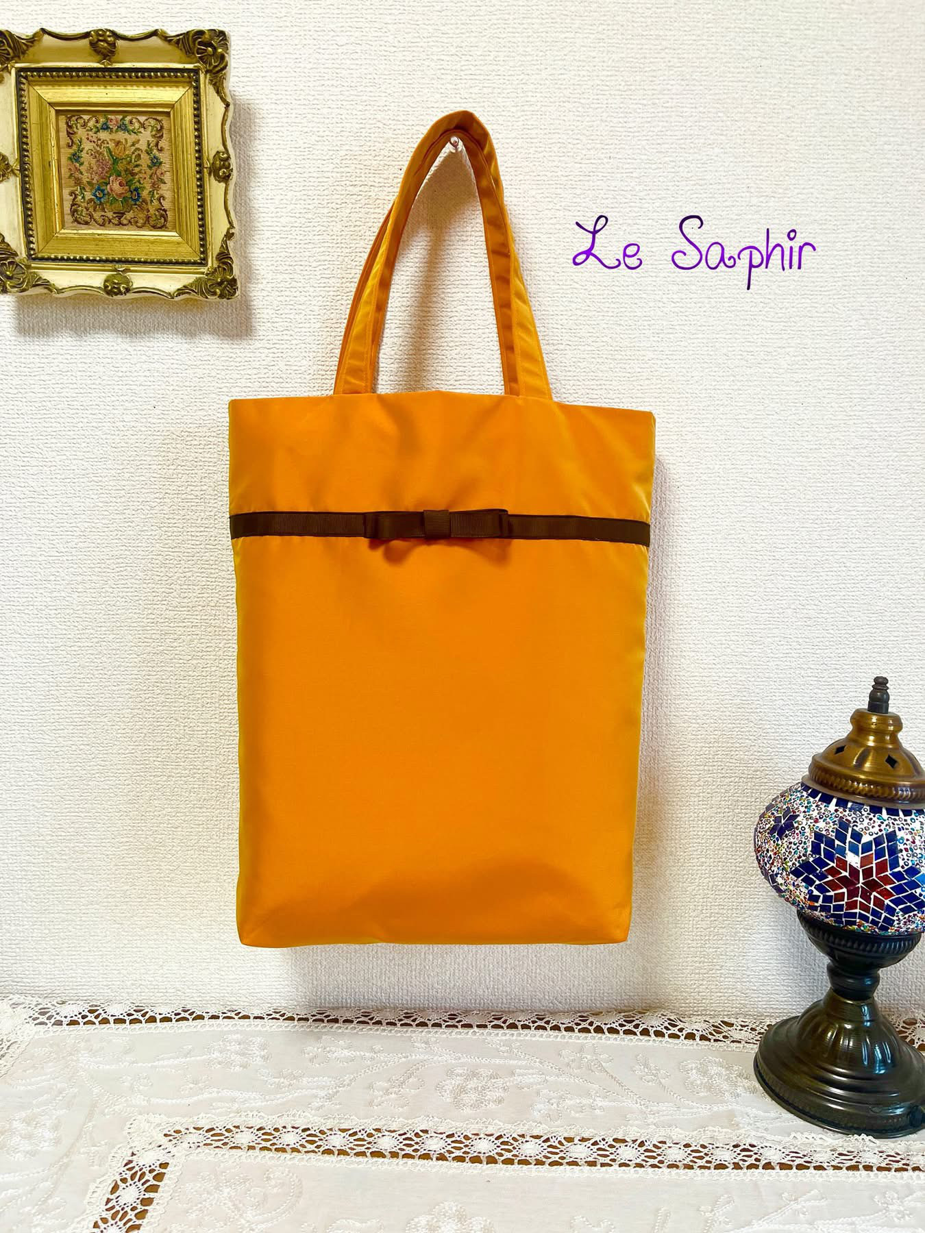 パンプキンカラーのリボン付きバッグ/サブバッグにも/美しい布が豊富なトルコの生地で