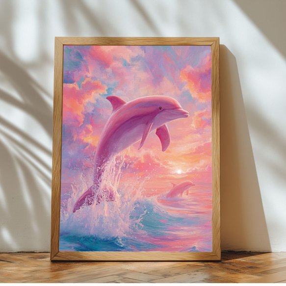 写実と幻想が交差する、ピンク色のイルカの水彩画アート 絵画 costha