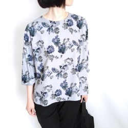 【Creema限定秋の福袋３!】再販！× 2  水彩タッチのボタニカル８分袖トップとデニムパンツの２点セット 5枚目の画像