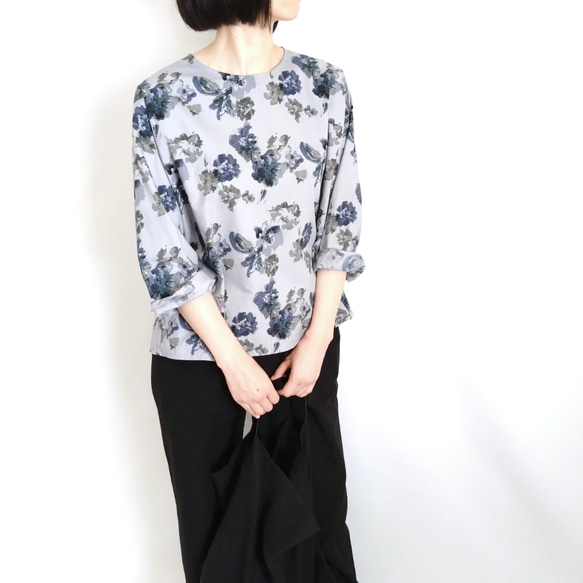 【Creema限定秋の福袋３!】再販！× 2  水彩タッチのボタニカル８分袖トップとデニムパンツの２点セット 6枚目の画像