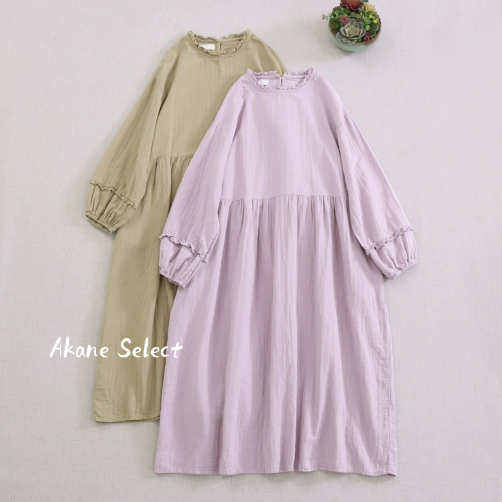 【秋支度★無地コットンワンピース】大人カジュアル│ラウンドネック│バルームスリーブ│落ち着いた色│O-109LB