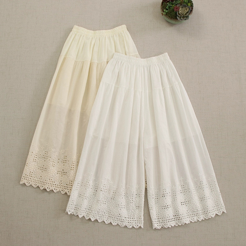 【コットン★刺繡ワイドパンツ】裏地付き│レース│大人可愛さ│ウエストゴム│森ガール│透かし彫り│B-57LB