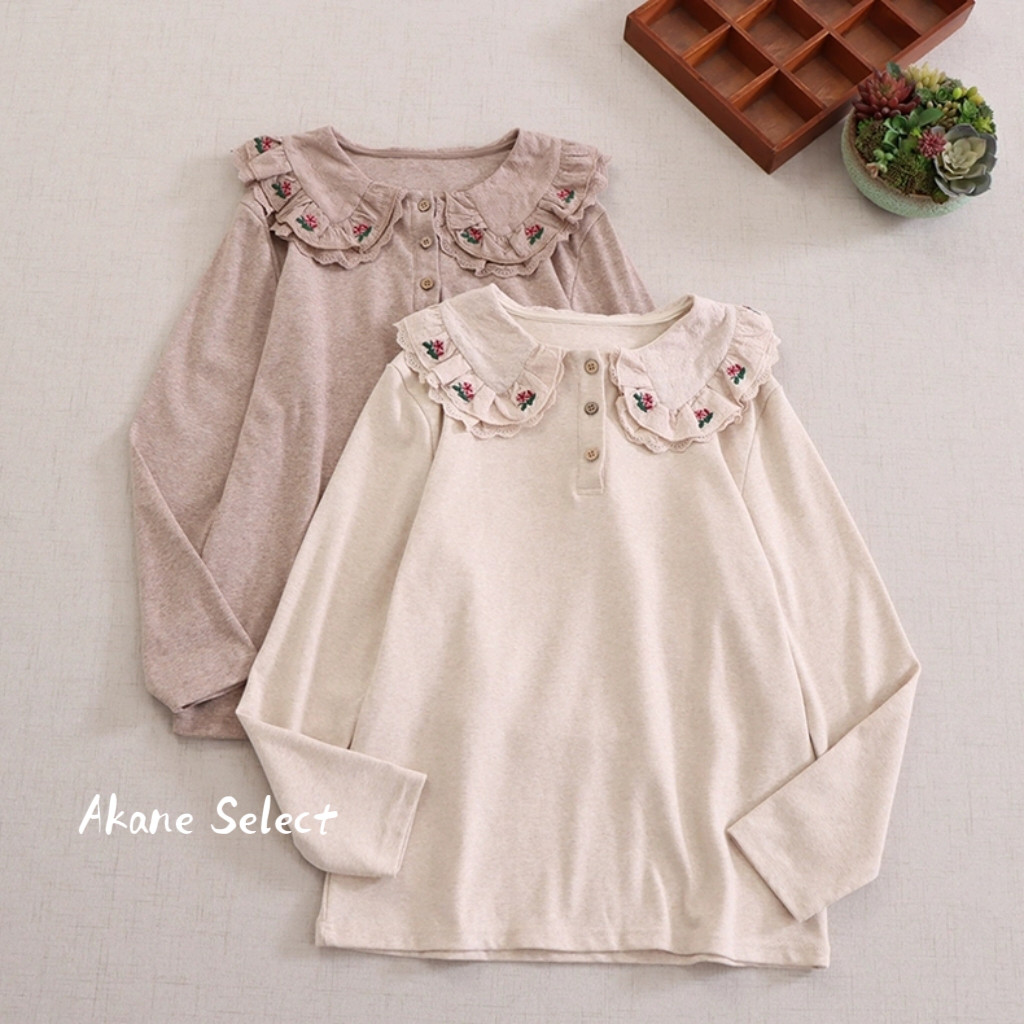 【刺繡★秋のかわいいトップス★丸襟】コットン長袖カットソー│伸縮性│重ね着│リラックスな雰囲気│森ガール│T-83LB