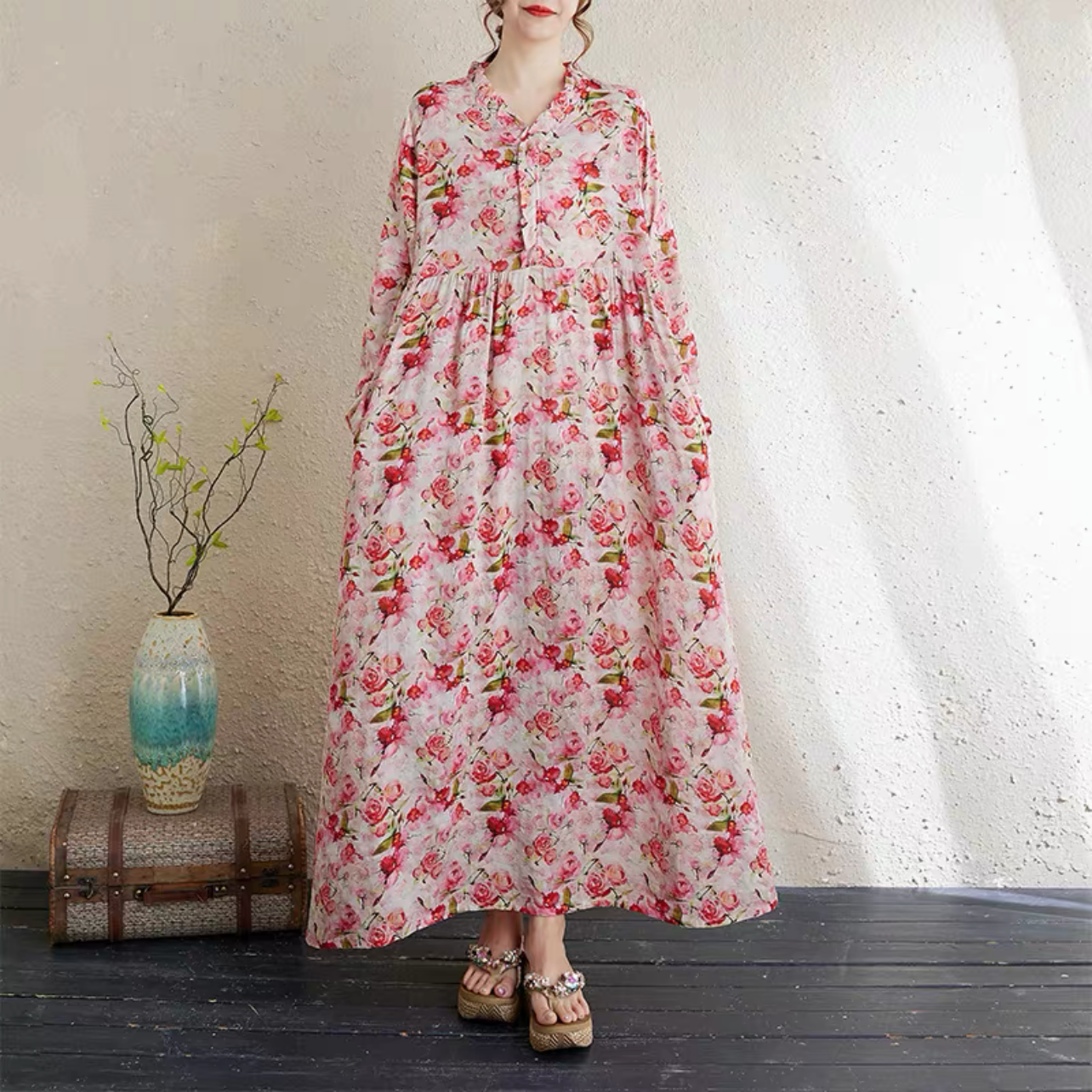 大人カジュアルワンピース 綿麻ワンピース 春秋ワンピース 花柄ワンピース ﻿ 4,658円