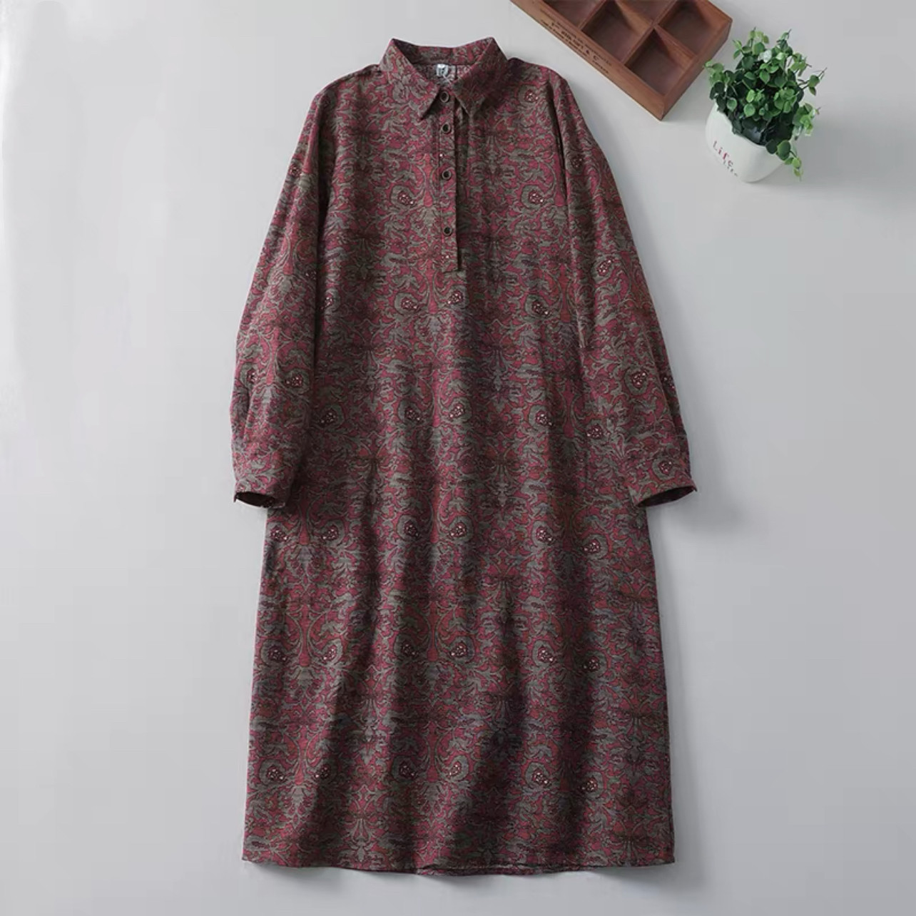 大人カジュアルワンピース 綿麻ワンピース 春秋ワンピース 花柄ワンピース ﻿