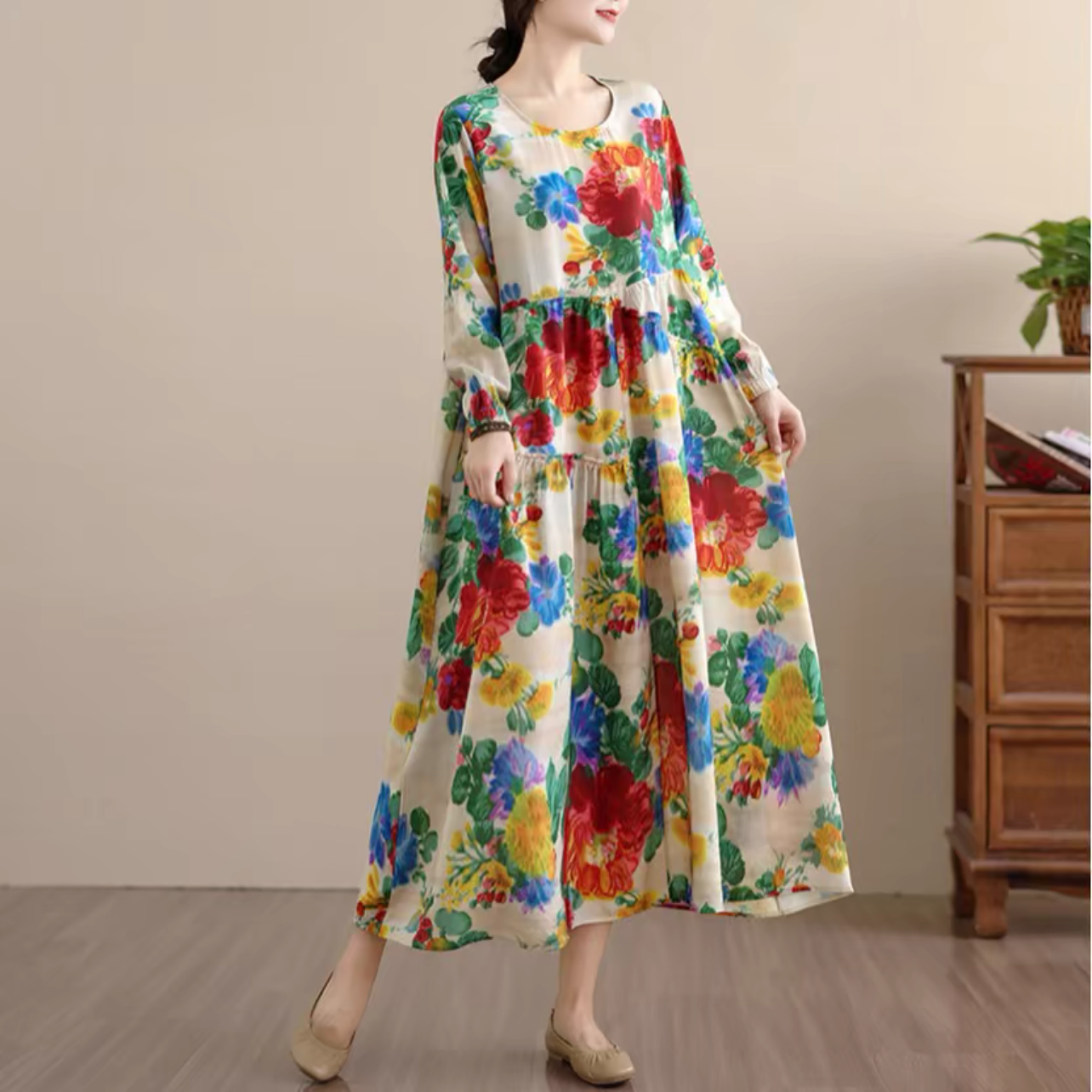 大人カジュアルワンピース 綿麻ワンピース 春秋ワンピース 花柄ワンピース ﻿