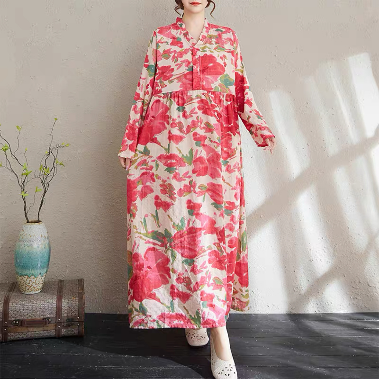 大人カジュアルワンピース 綿麻ワンピース 春秋ワンピース 花柄ワンピース ﻿