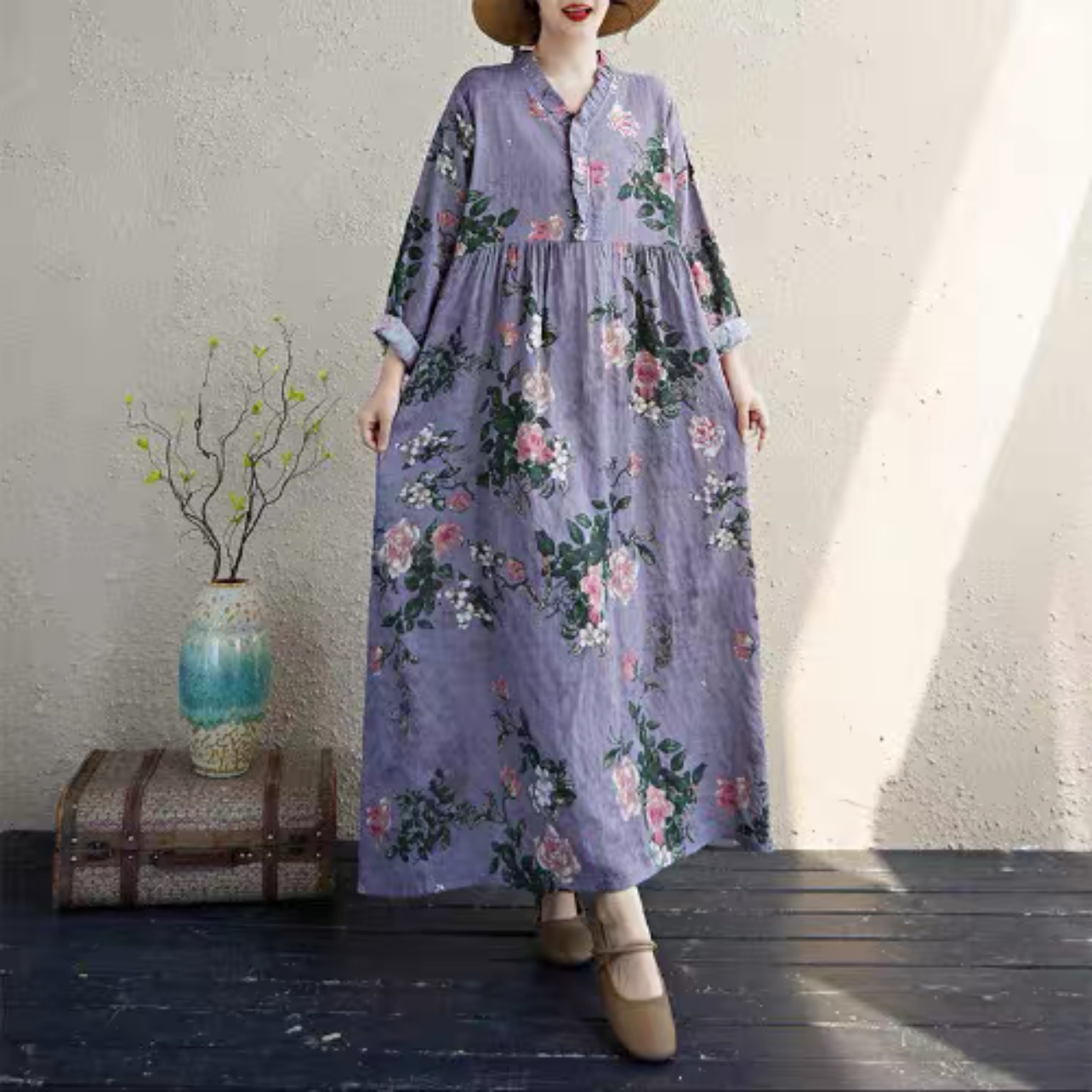 大人カジュアルワンピース 綿麻ワンピース 春秋ワンピース 花柄ワンピース ﻿