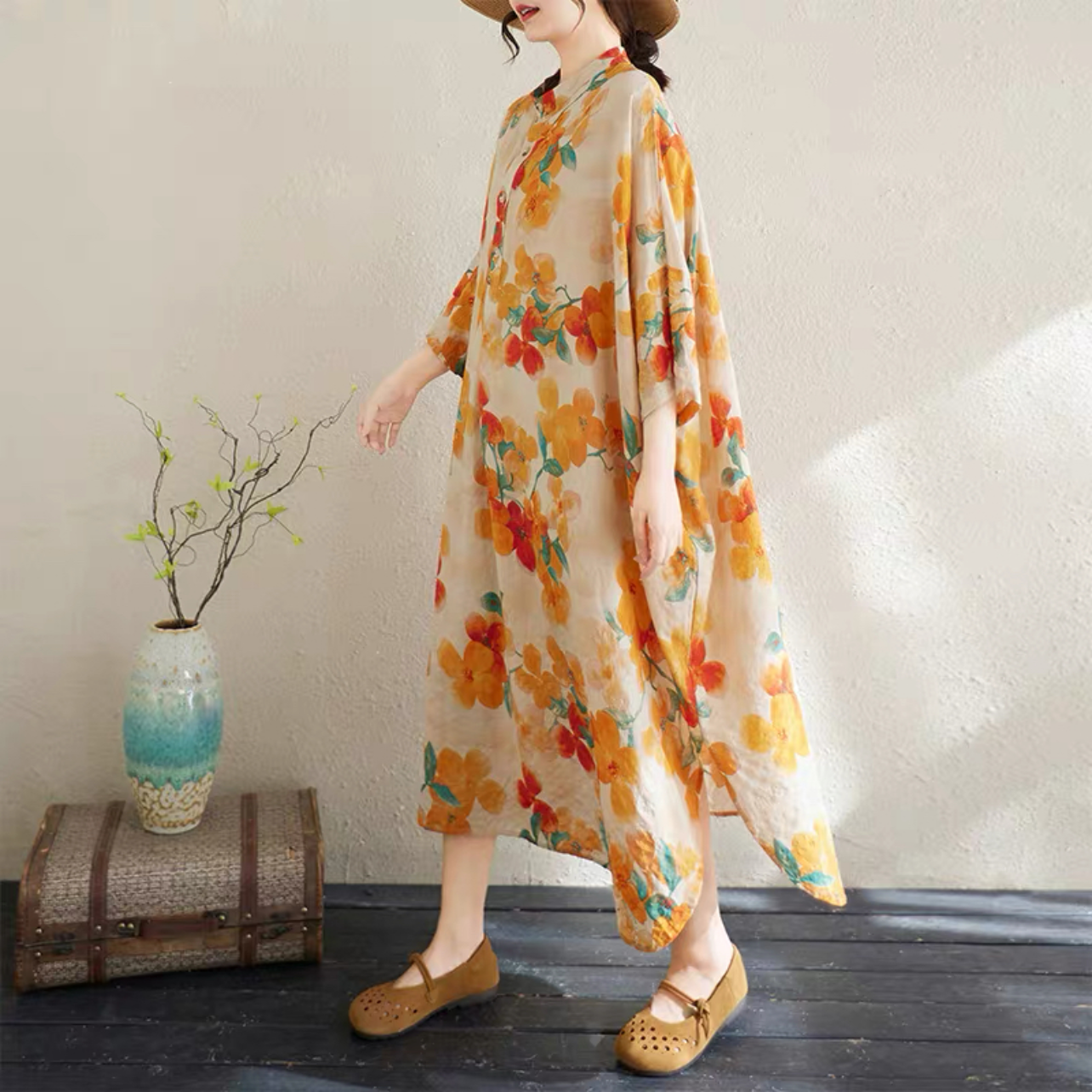 大人カジュアルワンピース 綿麻ワンピース 春秋ワンピース 花柄ワンピース ﻿