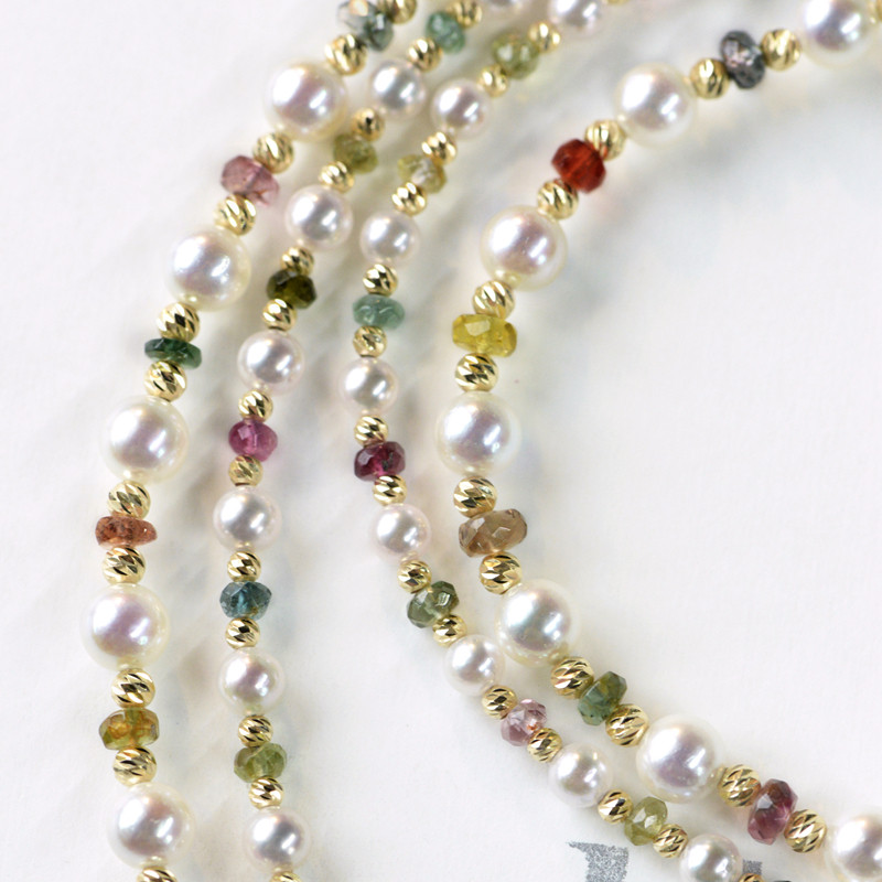 【ルミナ】3.5-5.5mm日本製アコヤ天然海水真珠ネックレス + 天然トルマリン18Kゴールドレインボーロックキャンディシリー