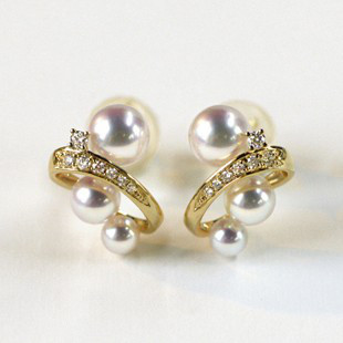 【ルミナ】3.3～6.3mmの日本製アコヤ天然海水真珠スタッドピアス、18Kゴールドダイヤモンドセットピアス、繊細でキラキラと輝