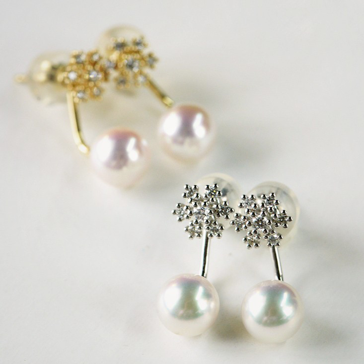 【ルミナ】7～7.5mm 日本製アコヤ真珠 天然海水真珠 スタッドピアス 18Kゴールド/プラチナ ダイヤモンド付き スノーフレ