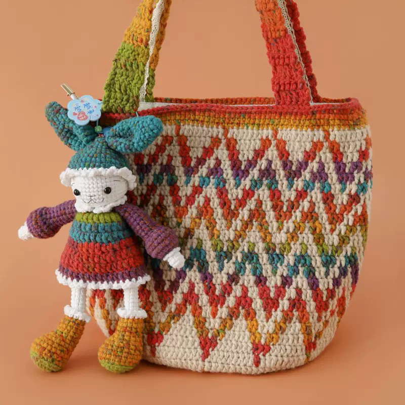 毛糸 手作り 手編み トートバッグ ショルダーバッグ 誕生日 プレゼント【秋限定カラー｜うさぎのぬいぐるみ付き】1点