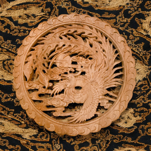 飛天鳳凰26.5㎝（鳳凰•雲) 参次元彫刻『雅』透かし彫 楠彫刻 ウォール