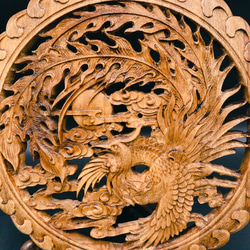 飛天鳳凰26.5㎝（鳳凰•雲) 参次元彫刻『雅』透かし彫 楠彫刻 ウォール