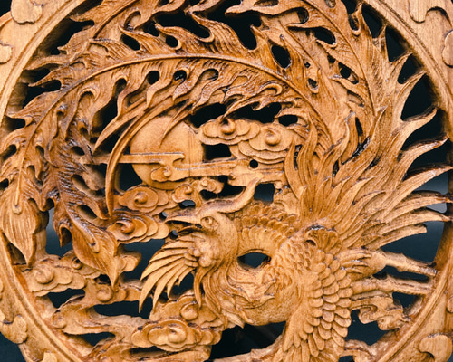 飛天鳳凰26.5㎝（鳳凰•雲) 参次元彫刻『雅』透かし彫 楠彫刻 ウォール