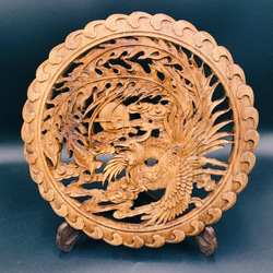 飛天鳳凰26.5㎝（鳳凰•雲) 参次元彫刻『雅』透かし彫 楠彫刻 ウォール