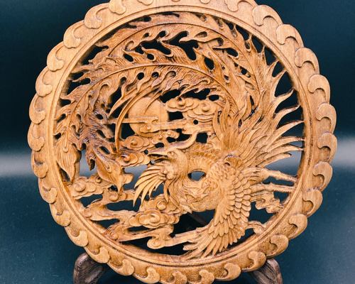 飛天鳳凰26.5㎝（鳳凰•雲) 参次元彫刻『雅』透かし彫 楠彫刻 ウォール
