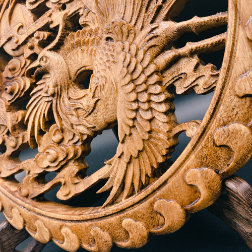 飛天鳳凰26.5㎝（鳳凰•雲) 参次元彫刻『雅』透かし彫 楠彫刻 ウォール