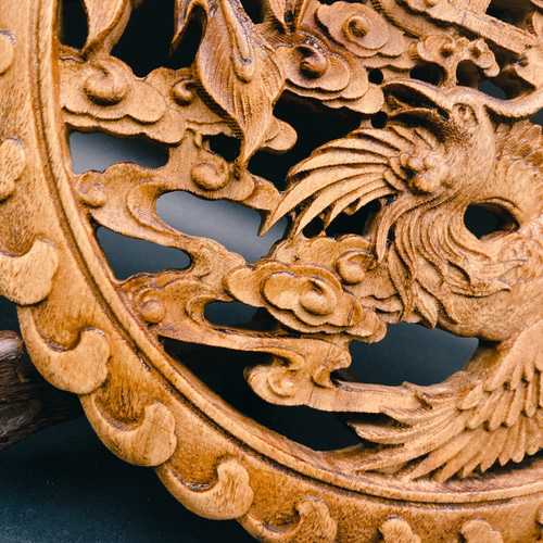 飛天鳳凰26.5㎝（鳳凰•雲) 参次元彫刻『雅』透かし彫 楠彫刻 ウォール